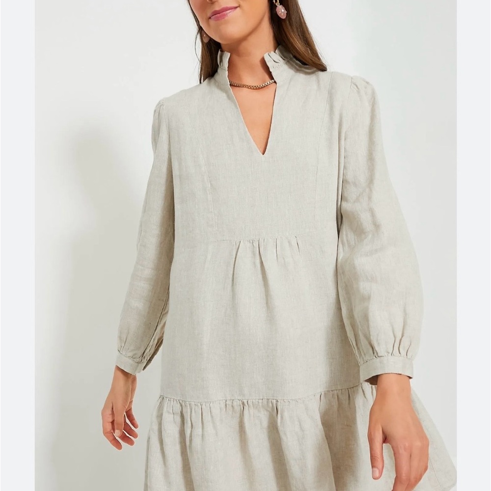 Tuckernuck Palmerston Linen Ruffle-Neck Tiered Dress in Light Beige